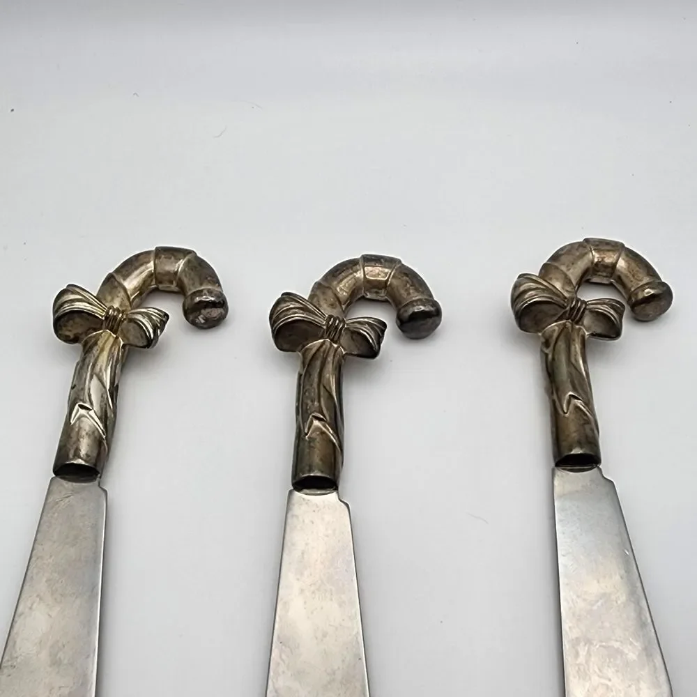Stainless Steel & Silver Plated Set of 3 Candy Cane Condiment Spreaders